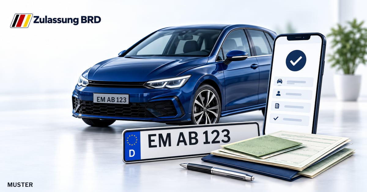Online Fahrzeugzulassung in Landkreis Emmendingen: Musterkennzeichen EM AB 123, Auto und Fahrzeugpapiere und Smartphone. Illustration mit Logo von Zulassung BRD.